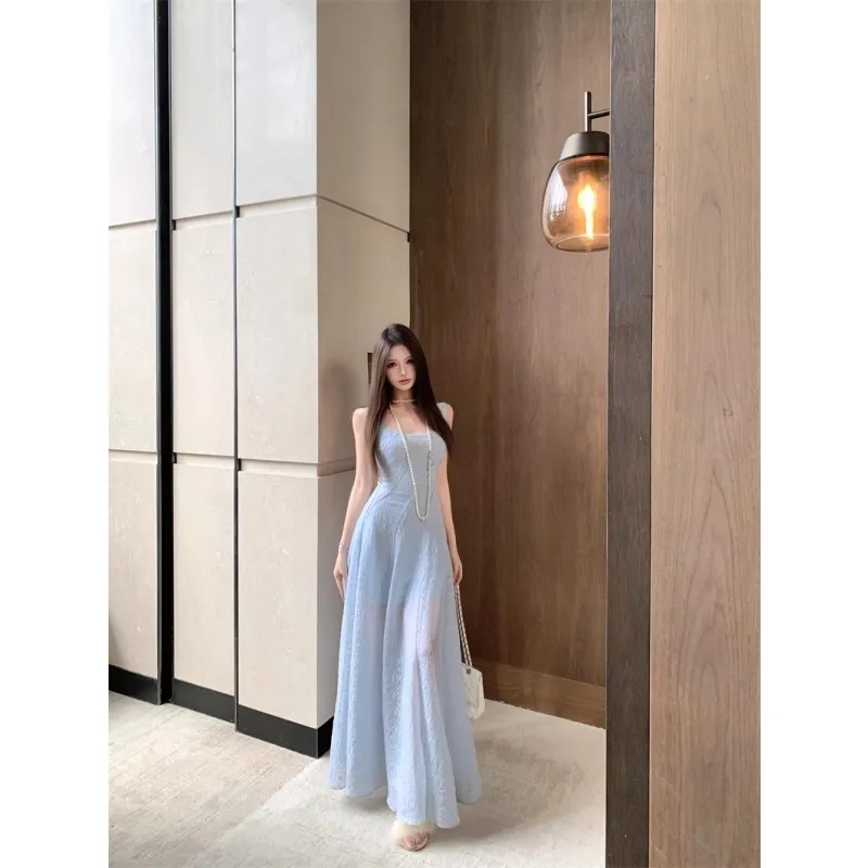 PZGE Slip Dresses Women's Blue Maxi Skirt-3