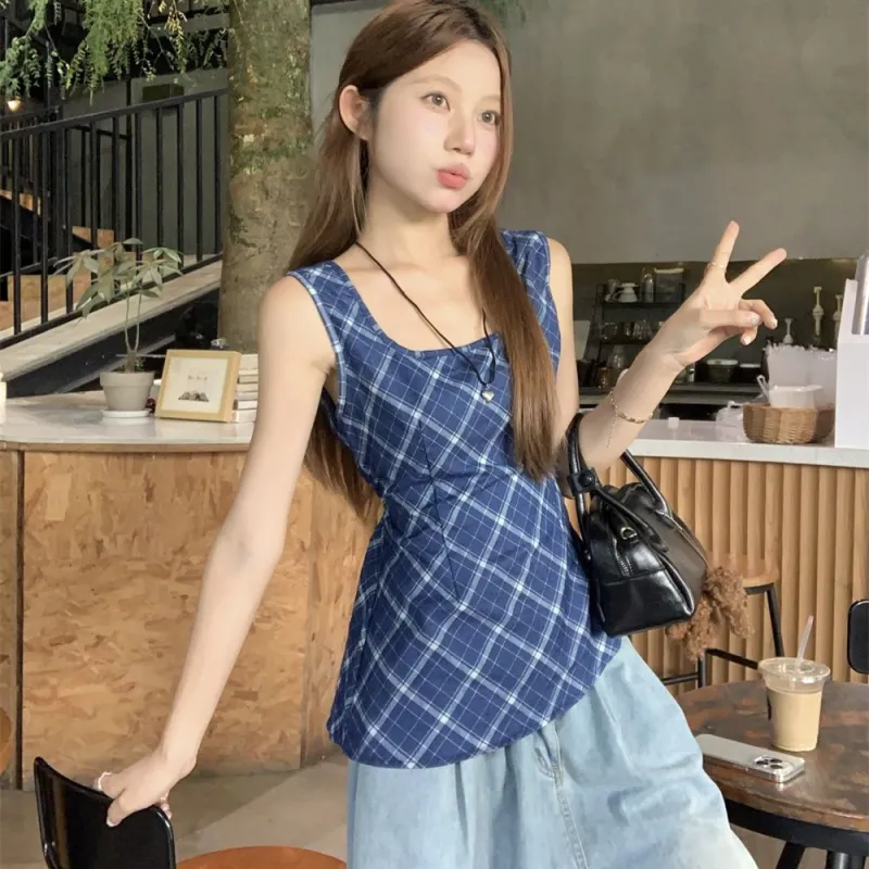 PZGE Tank Tops Women's Blue Plaid Tank Top With Strapless Design-2