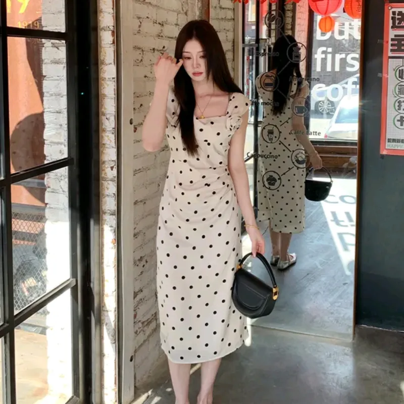 PZGE Sleeveless Dresses Women's Polka Dot Ecru Dress-3
