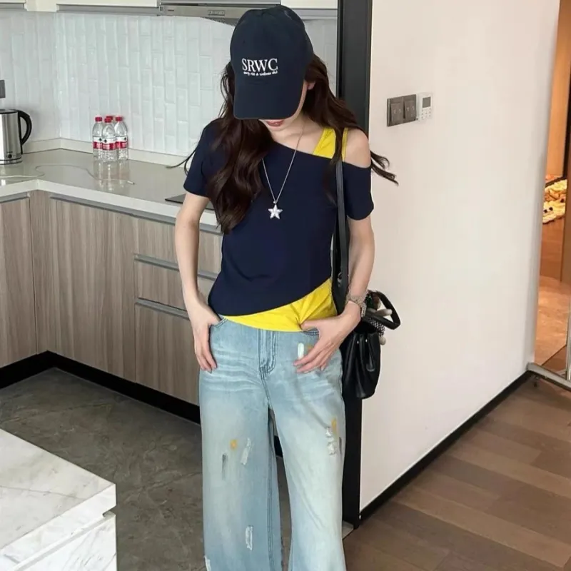 PZGE T Shirts Women's Navy Blue Contrast Yellow-3