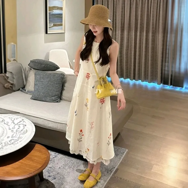 PZGE Sleeveless Dresses Women's Ecru Floral Long Skirt-2