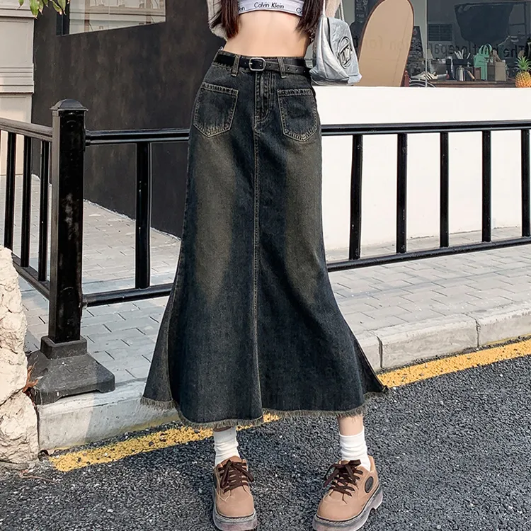 PZGE Denim Long Skirts Women's Vintage Blue-2