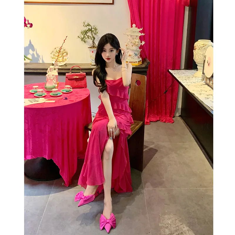 PZGE Slip Dresses Women's Rose Red-2