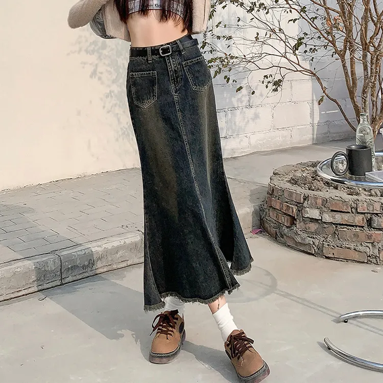 PZGE Denim Long Skirts Women's Vintage Blue-3