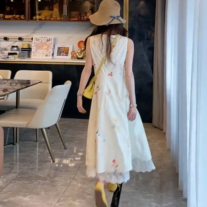 PZGE Sleeveless Dresses Women's Ecru Floral Long Skirt-5