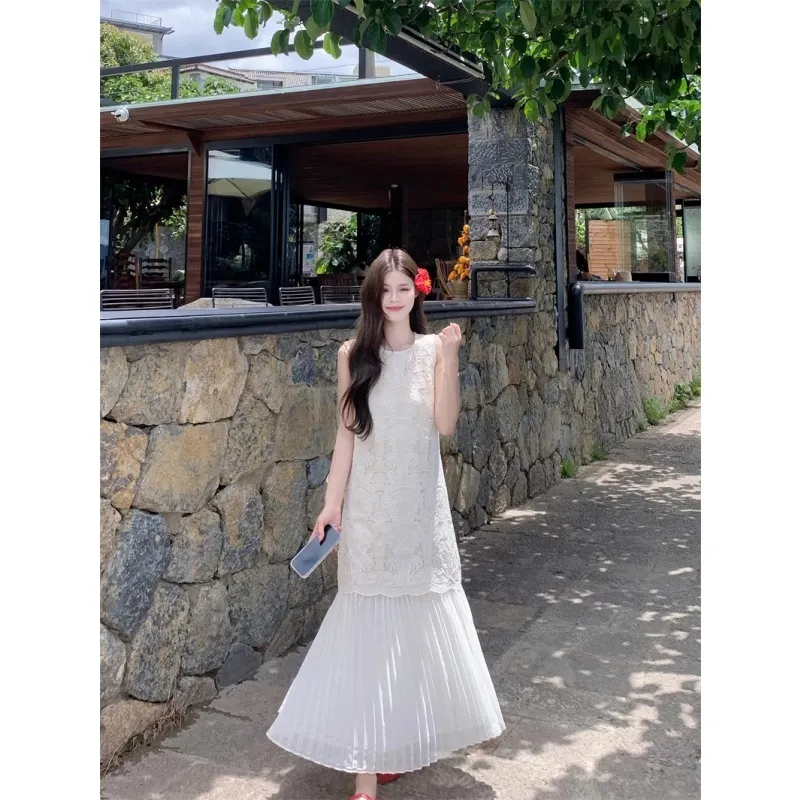 PZGE Sleeveless Dresses Women's Beige Apricot Heavyweight Long Skirt-5