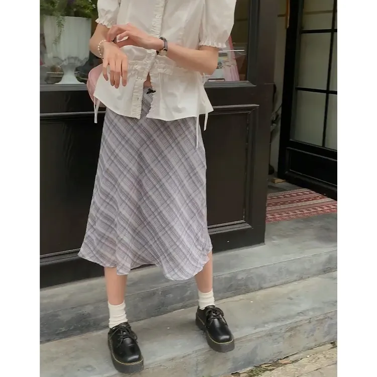 PZGE Casual Long Skirt Women's Black Plaid-3