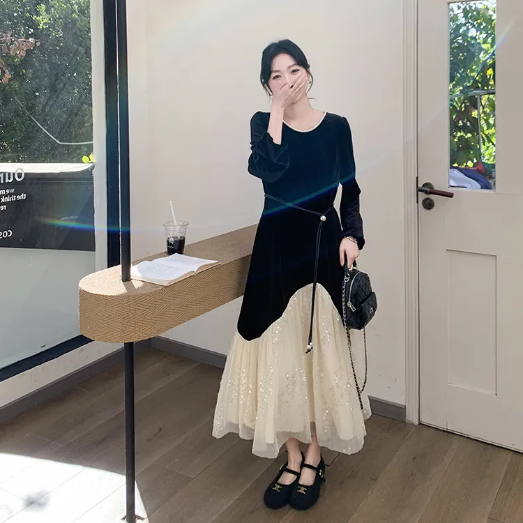 PZGE Long-Sleeved Dresses Women's Black-6