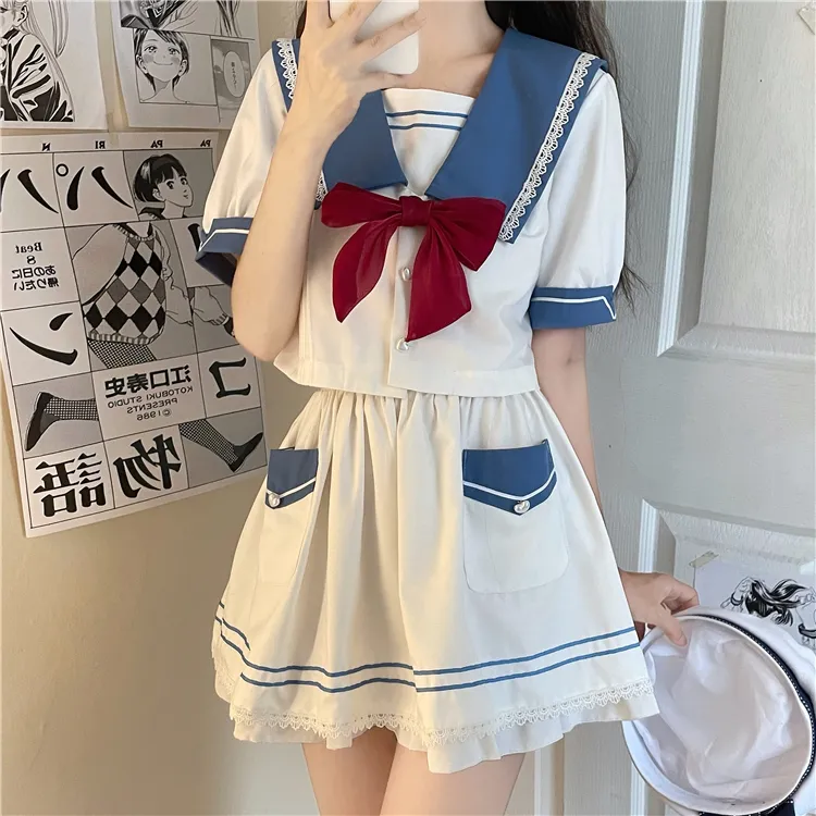 PZGE Uniforms Women's Clothing Sets Sailor Suit+Bowknot+Skirt-2