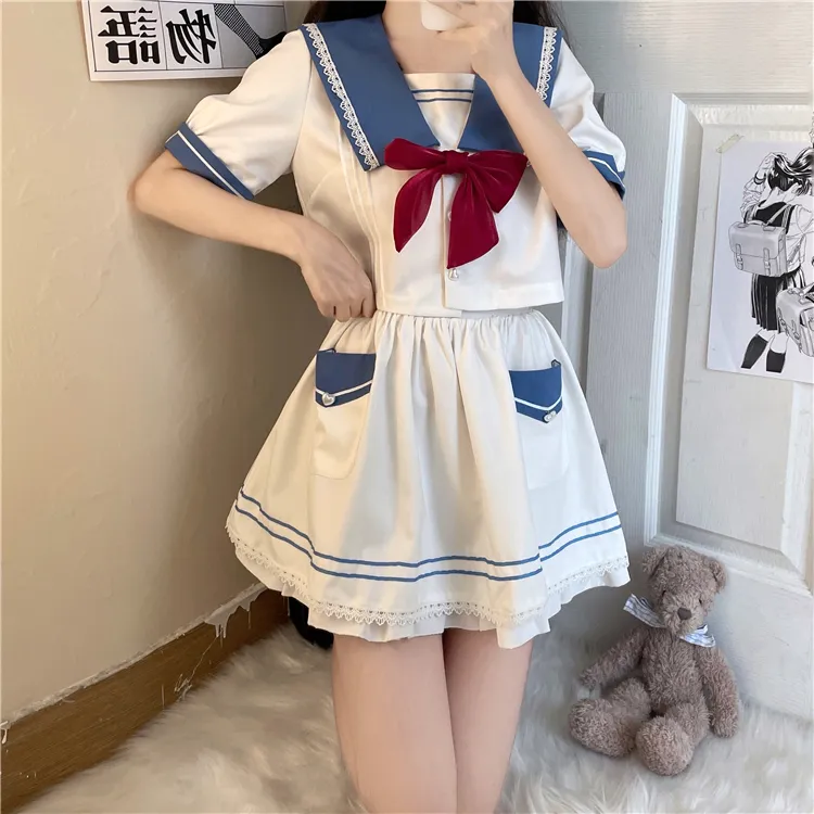 PZGE Uniforms Women's Clothing Sets Sailor Suit+Bowknot+Skirt-4