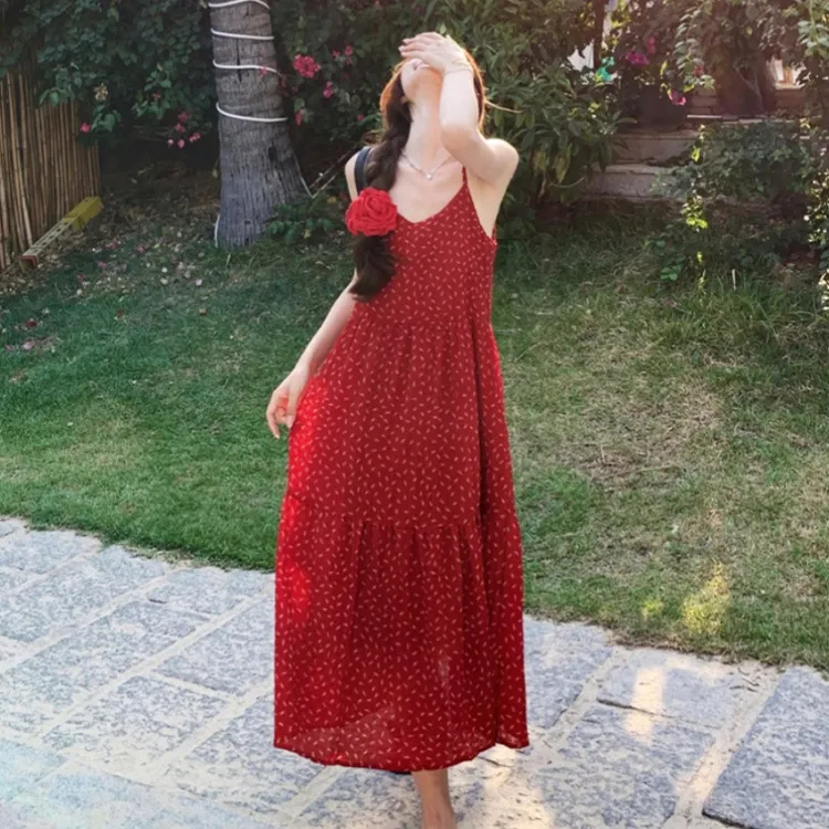 PZGE Slip Dresses Women's Red-4