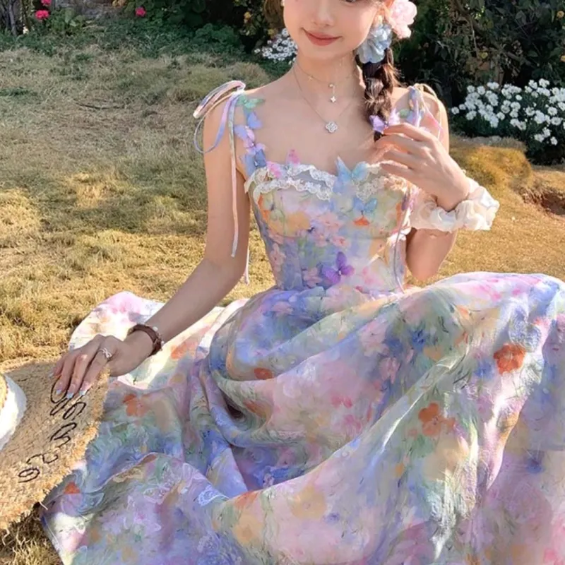 PZGE Slip Dresses Women's Oil Painting Color Dress-3