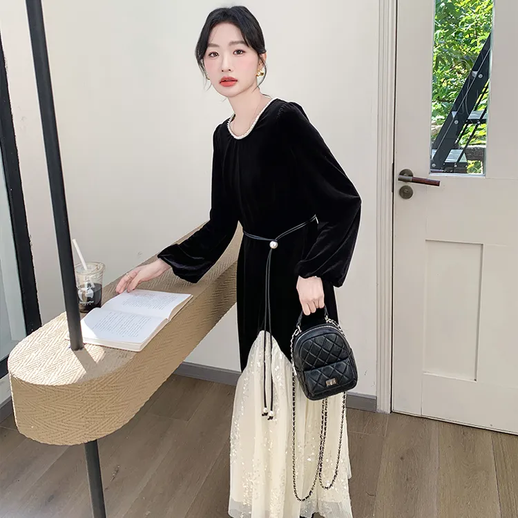 PZGE Long-Sleeved Dresses Women's Black-7