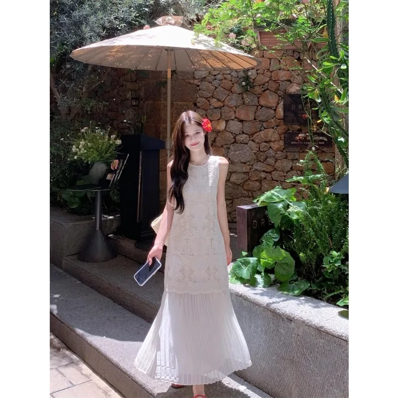 PZGE Sleeveless Dresses Women's Beige Apricot Heavyweight Long Skirt-3
