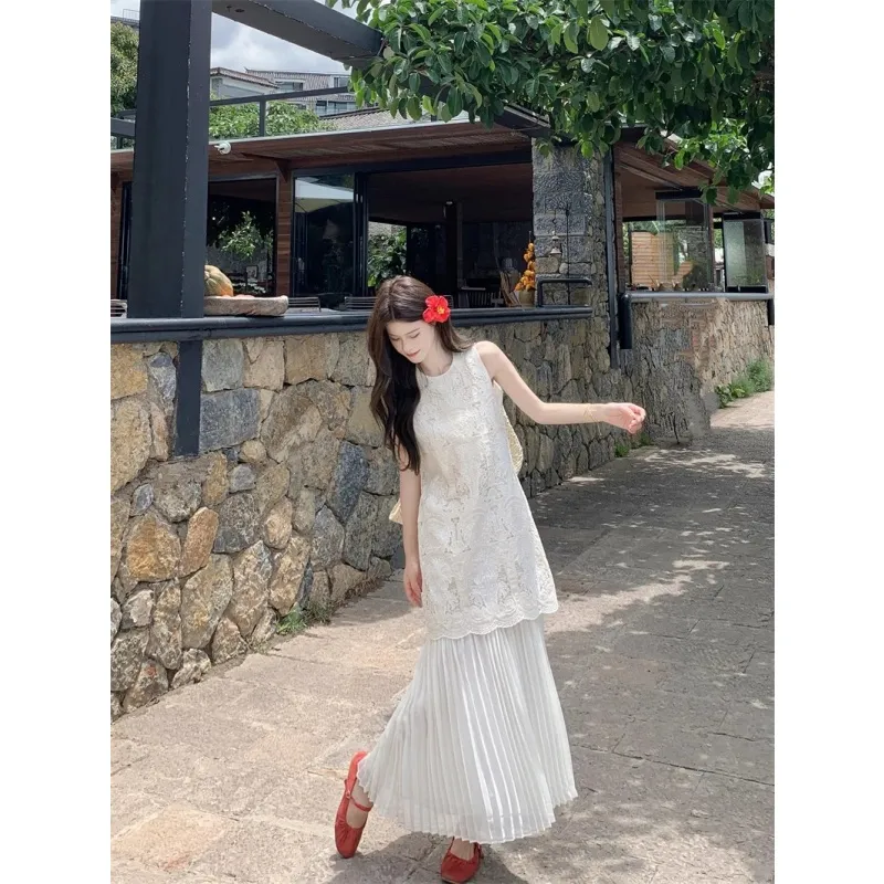 PZGE Sleeveless Dresses Women's Beige Apricot Heavyweight Long Skirt-4