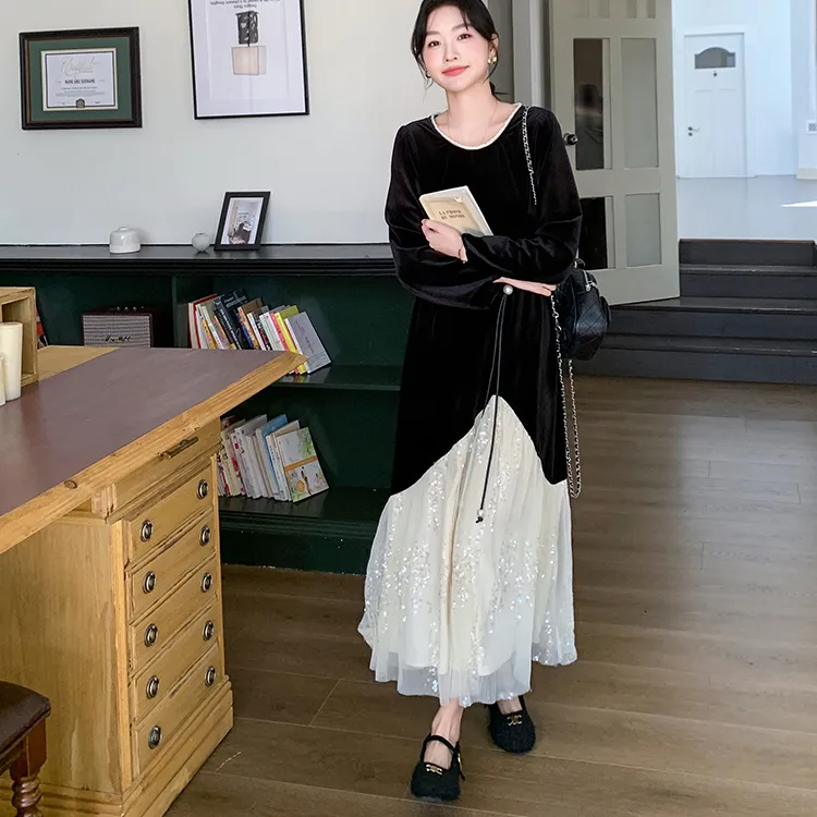 PZGE Long-Sleeved Dresses Women's Black-3