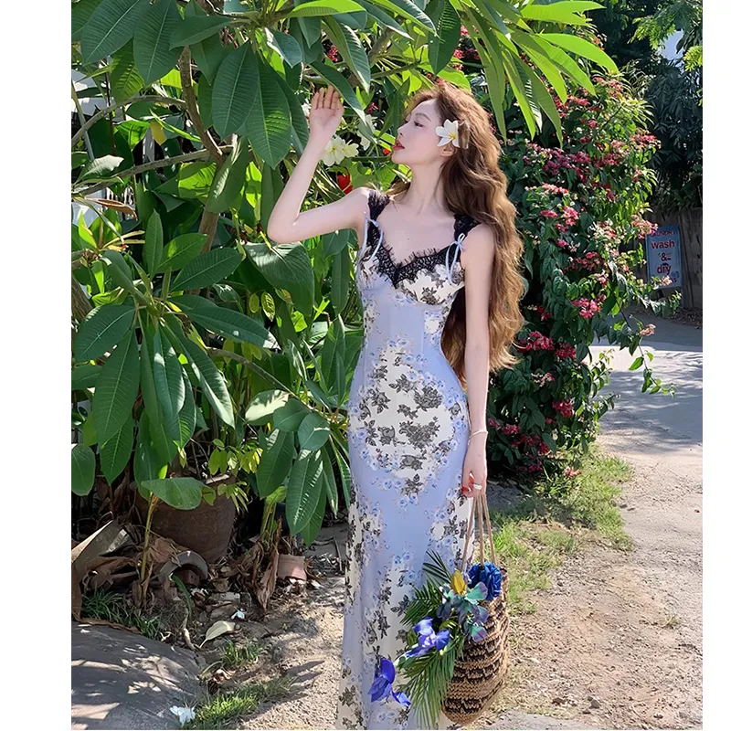PZGE Slip Dresses Women's Oil Paintings Purple-2