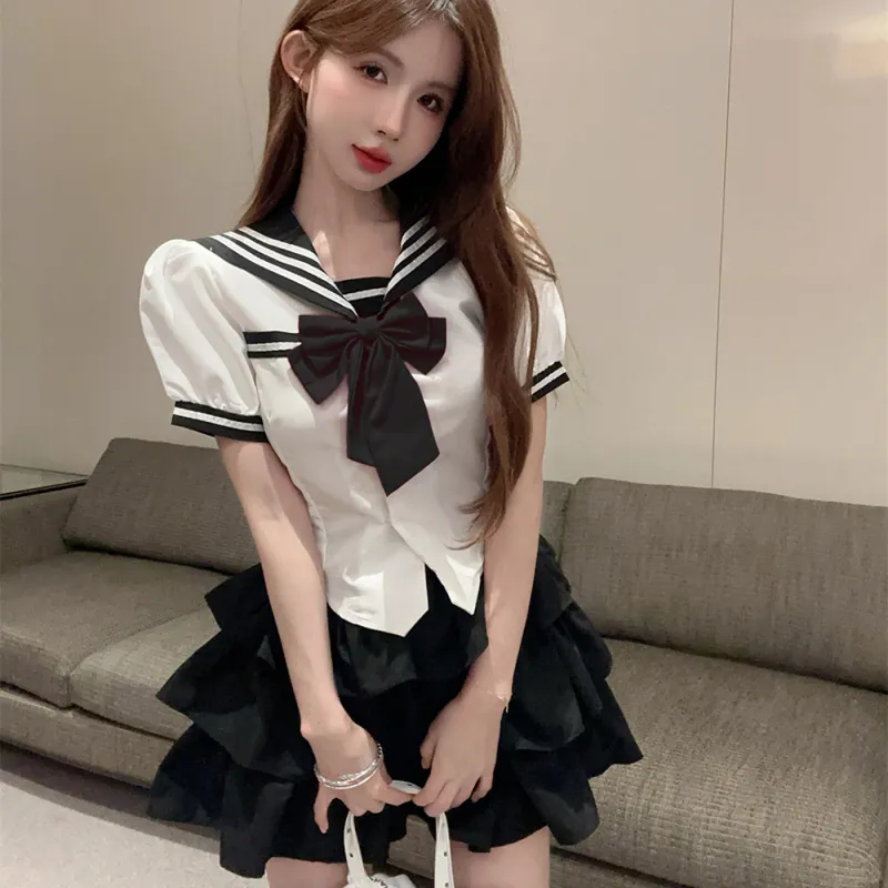 DGMZ Uniform Women's White Shirt Bow Black Skirt Set-3
