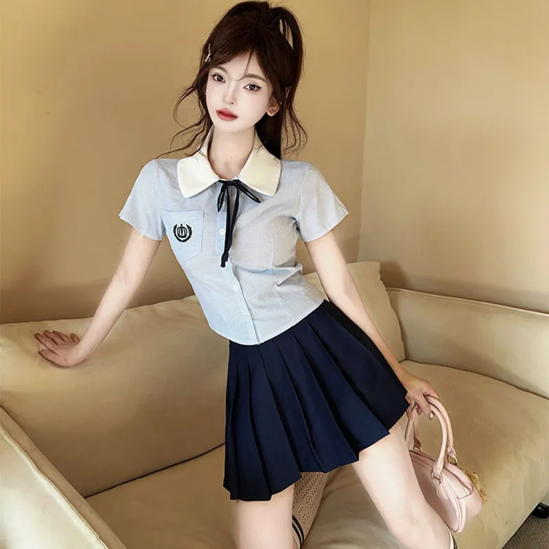DGMZ Uniforms Women's Blue Top+Bow Tie+Blue Skirt Set-5