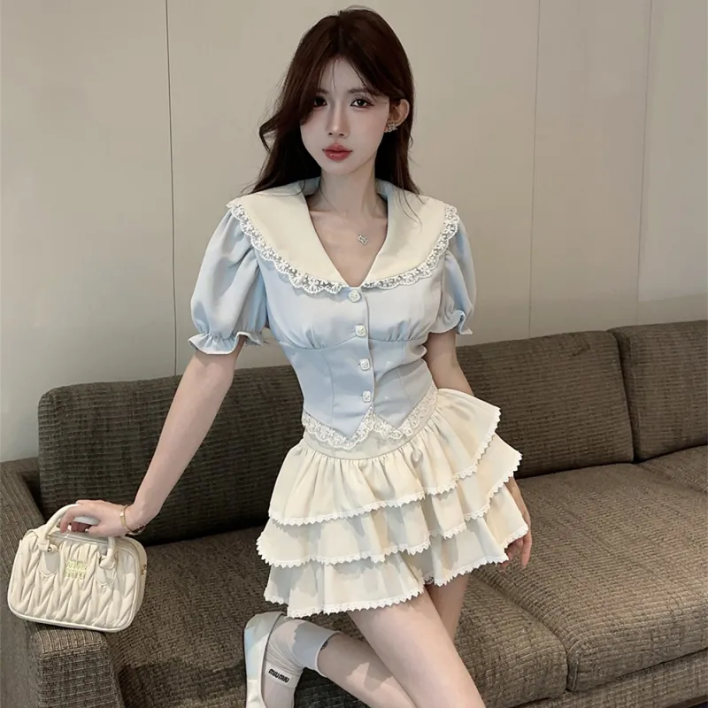 DGMZ Uniform Women's Blue Top+Apricot Skirt Set-5