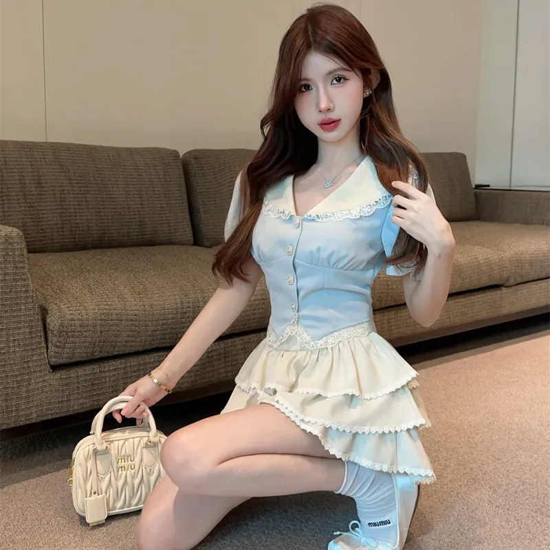 DGMZ Uniform Women's Blue Top+Apricot Skirt Set-2