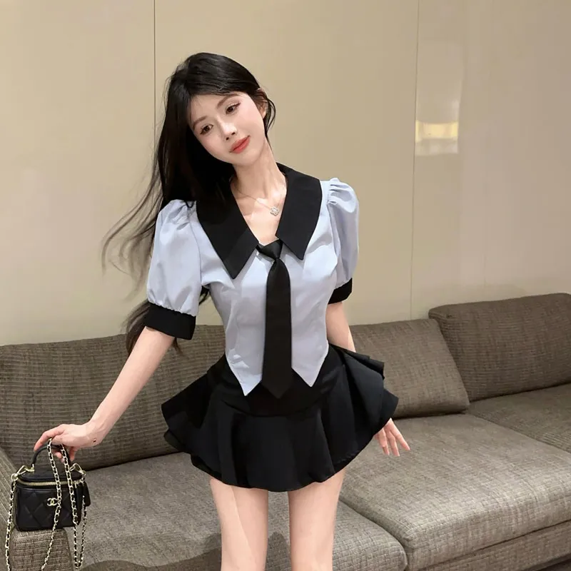 DGMZ Uniforms Women's Blue Top+Black Skirt Tie Clothing Sets-2