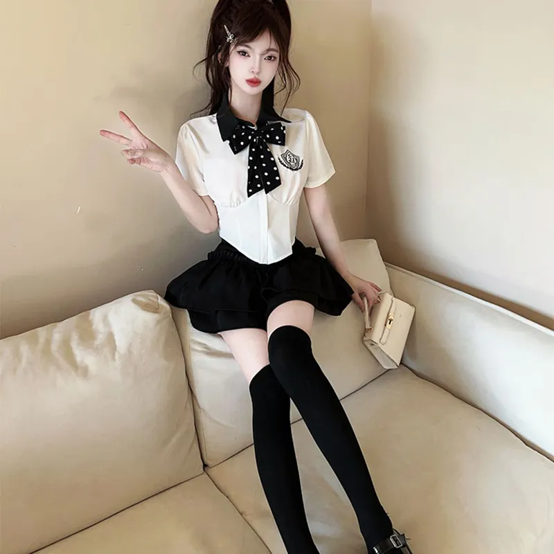 DGMZ Two Piece Skirt Sets Women's White Top Bow Tie+Black Skirt Set-3