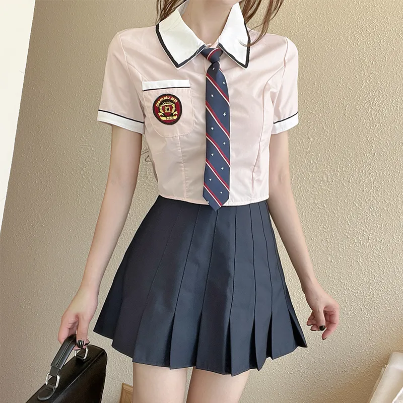 DGMZ Uniforms Women's Pink Top Tie Blue Skirt Set-4