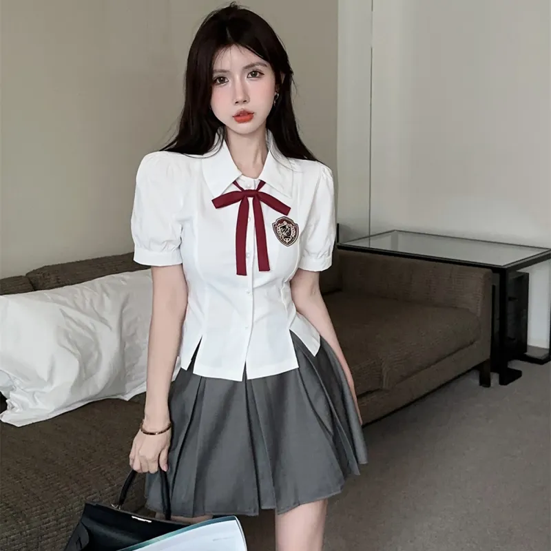 DGMZ Uniform Women's White Shirt Bow Gray Skirt Set-4