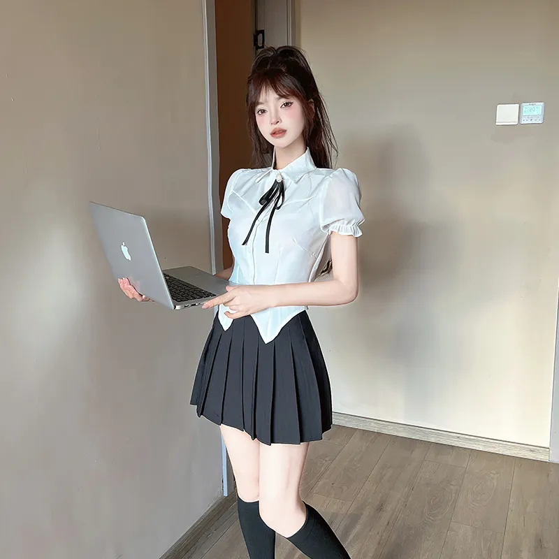 DGMZ Uniforms Women's White Top Bow Tie+Black Skirt Set-3