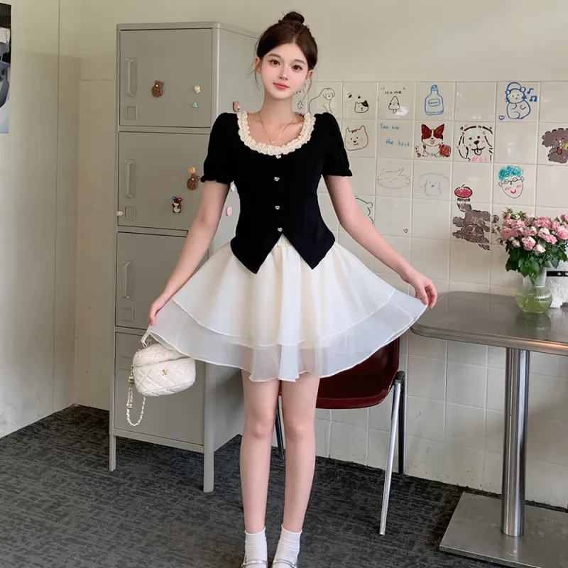 DGMZ Two Piece Skirt Sets Women's Black Top+White Skirt Set-1