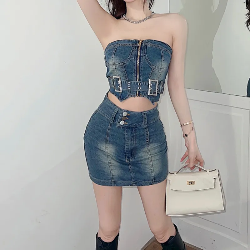 DGMZ Skirt Set Women's Denim Blue-3