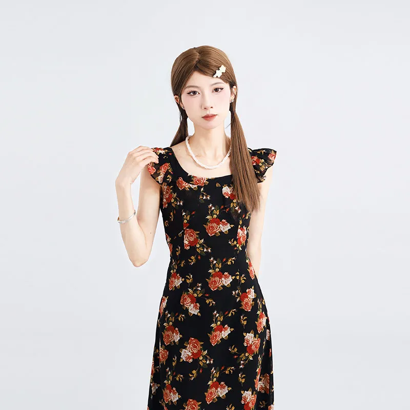 DGMZ Short-Sleeved Dresses Women's Floral Pattern Long Length-4