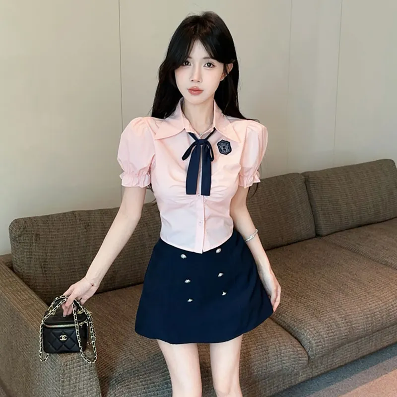 DGMZ Uniforms Women's Pink Top+Blue Skirt With Bow Tie Set-3