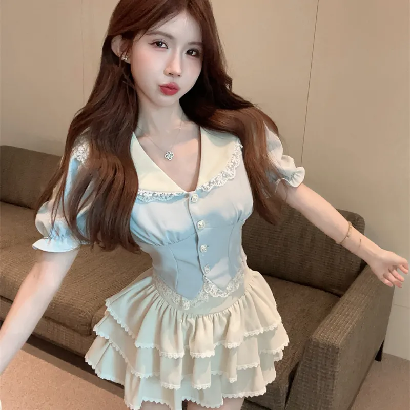 DGMZ Uniform Women's Blue Top+Apricot Skirt Set-1