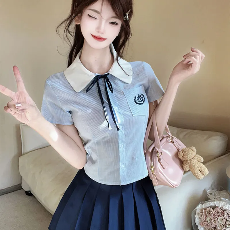 DGMZ Uniforms Women's Blue Top+Bow Tie+Blue Skirt Set-2
