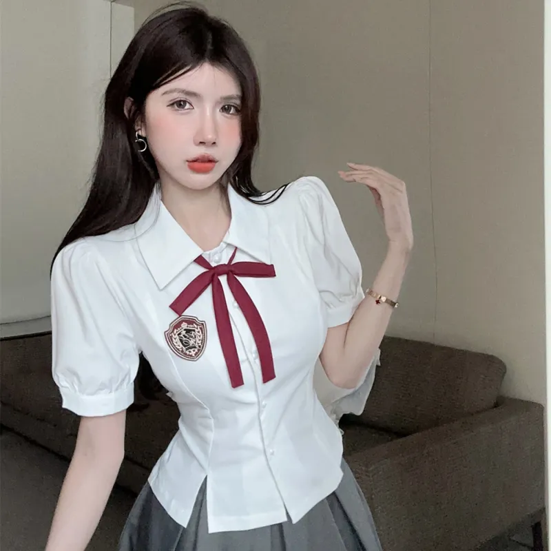 DGMZ Uniform Women's White Shirt Bow Gray Skirt Set-5