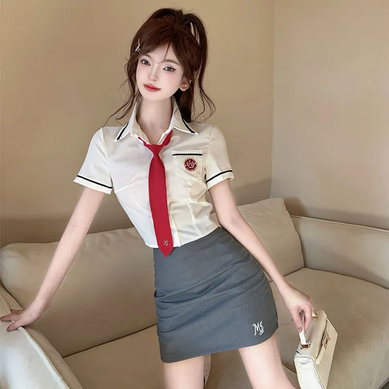 DGMZ Uniforms Women's White Top+Gray Skirt Set-2