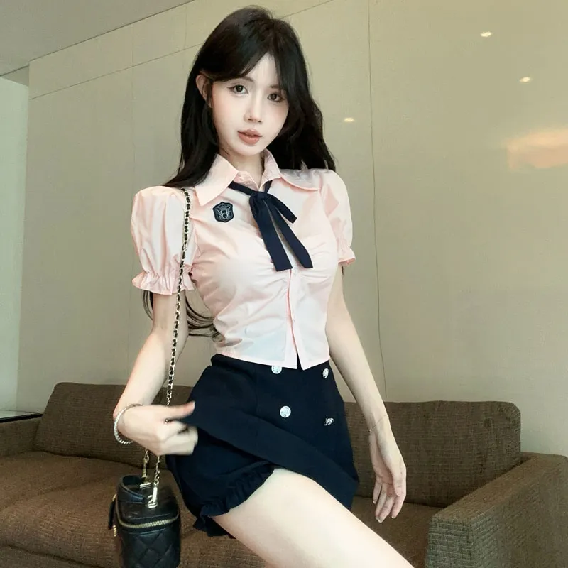 DGMZ Uniforms Women's Pink Top+Blue Skirt With Bow Tie Set-4
