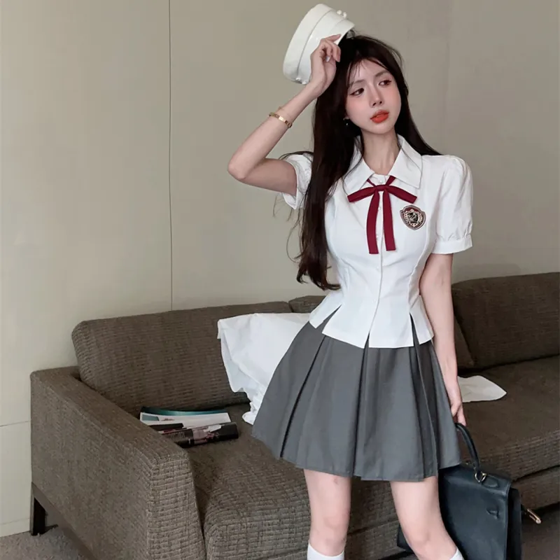 DGMZ Uniform Women's White Shirt Bow Gray Skirt Set-3