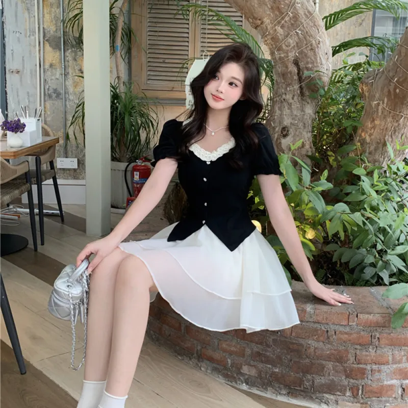 DGMZ Two Piece Skirt Sets Women's Black Top+White Skirt Set-3