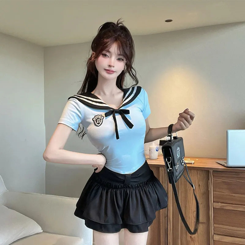 DGMZ Uniforms Women's Blue Top+Bow Tie+Black Skirt Set-2