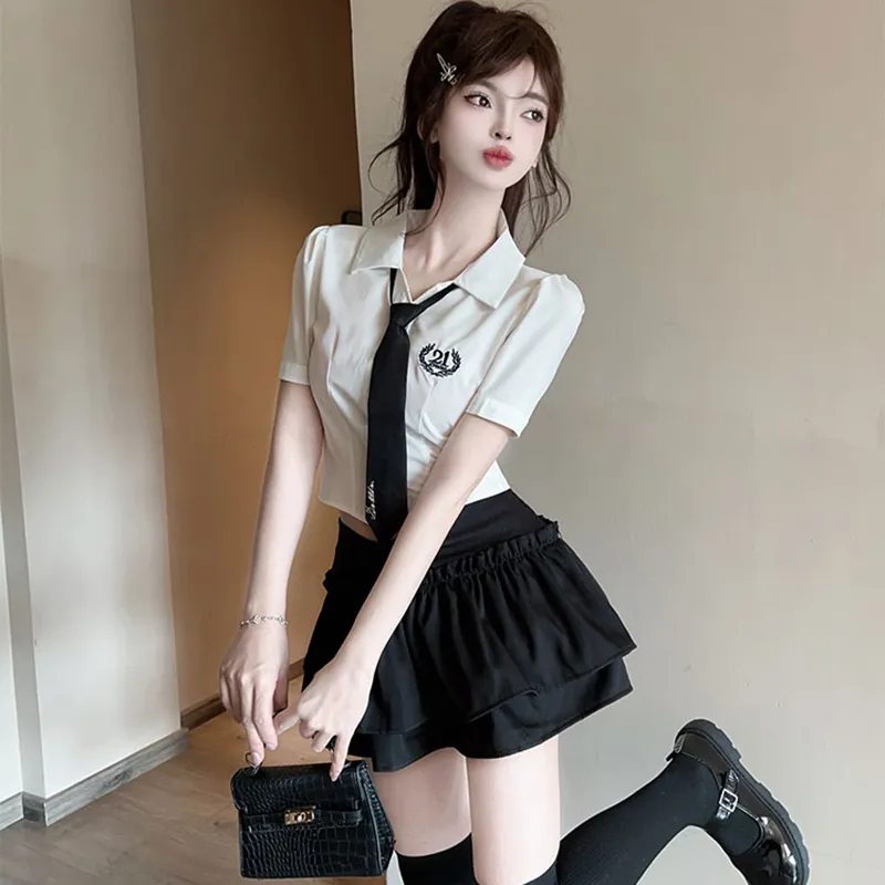 DGMZ Uniforms Women's White Top With Tie+Black Skirt Set-5