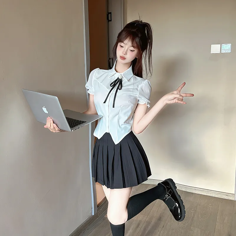 DGMZ Uniforms Women's White Top Bow Tie+Black Skirt Set-2