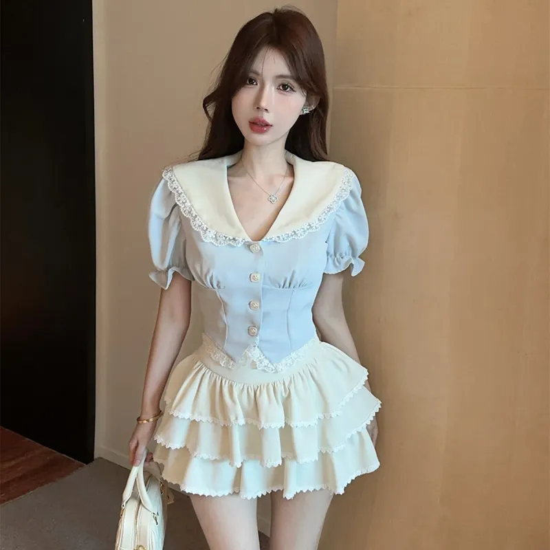 DGMZ Uniform Women's Blue Top+Apricot Skirt Set-4