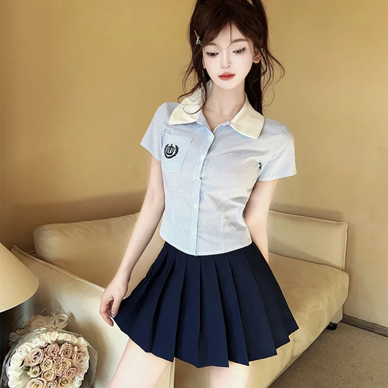 DGMZ Uniforms Women's Blue Top+Bow Tie+Blue Skirt Set-3