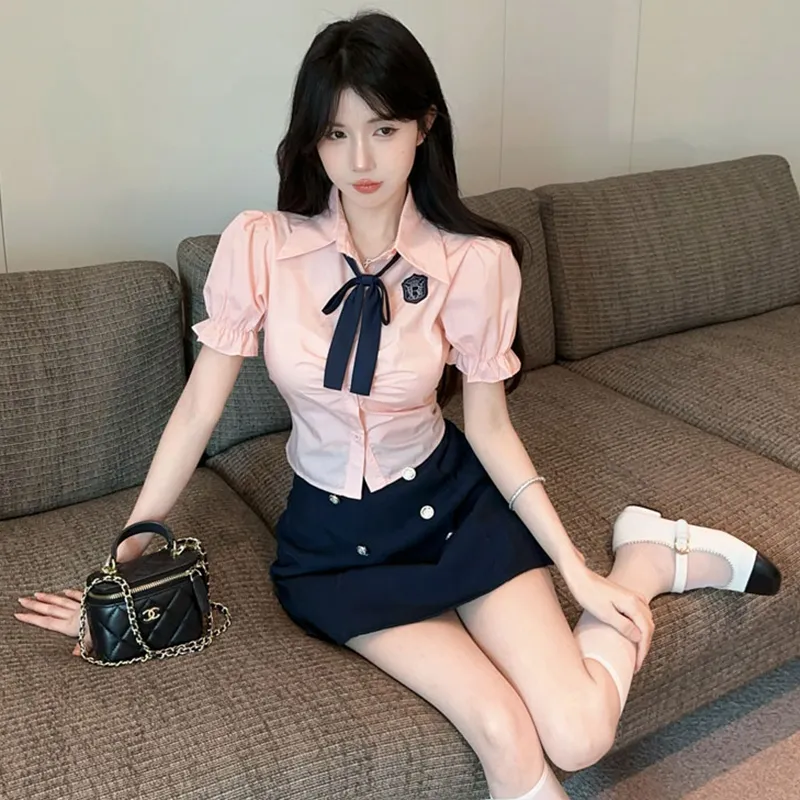 DGMZ Uniforms Women's Pink Top+Blue Skirt With Bow Tie Set-5