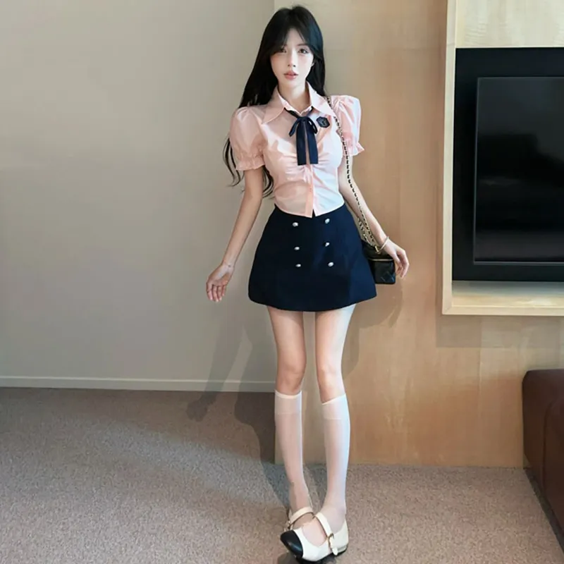 DGMZ Uniforms Women's Pink Top+Blue Skirt With Bow Tie Set-6