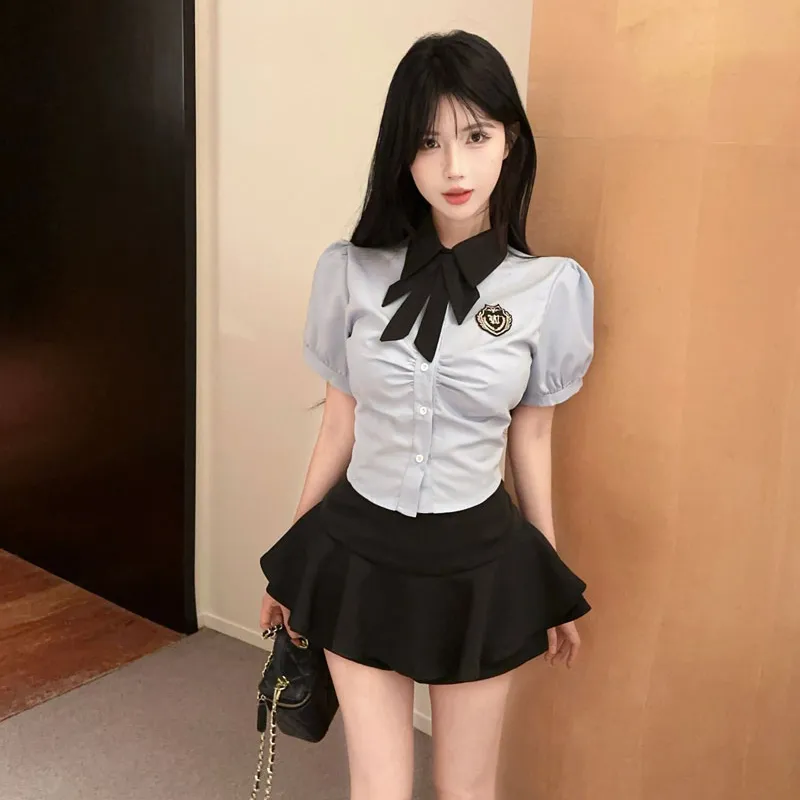 DGMZ Uniforms Women's Blue Top+Black Skirt Bow Tie Set-2