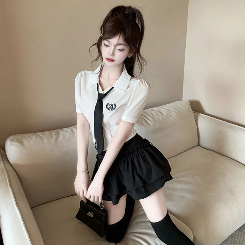 DGMZ Uniforms Women's White Top With Tie+Black Skirt Set-4